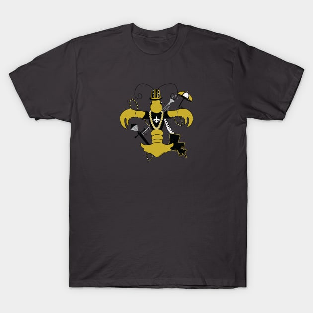 New Orleans Black and Gold Louisiana Crawfish Fleur de Lis T-Shirt by Little Shop of Nola